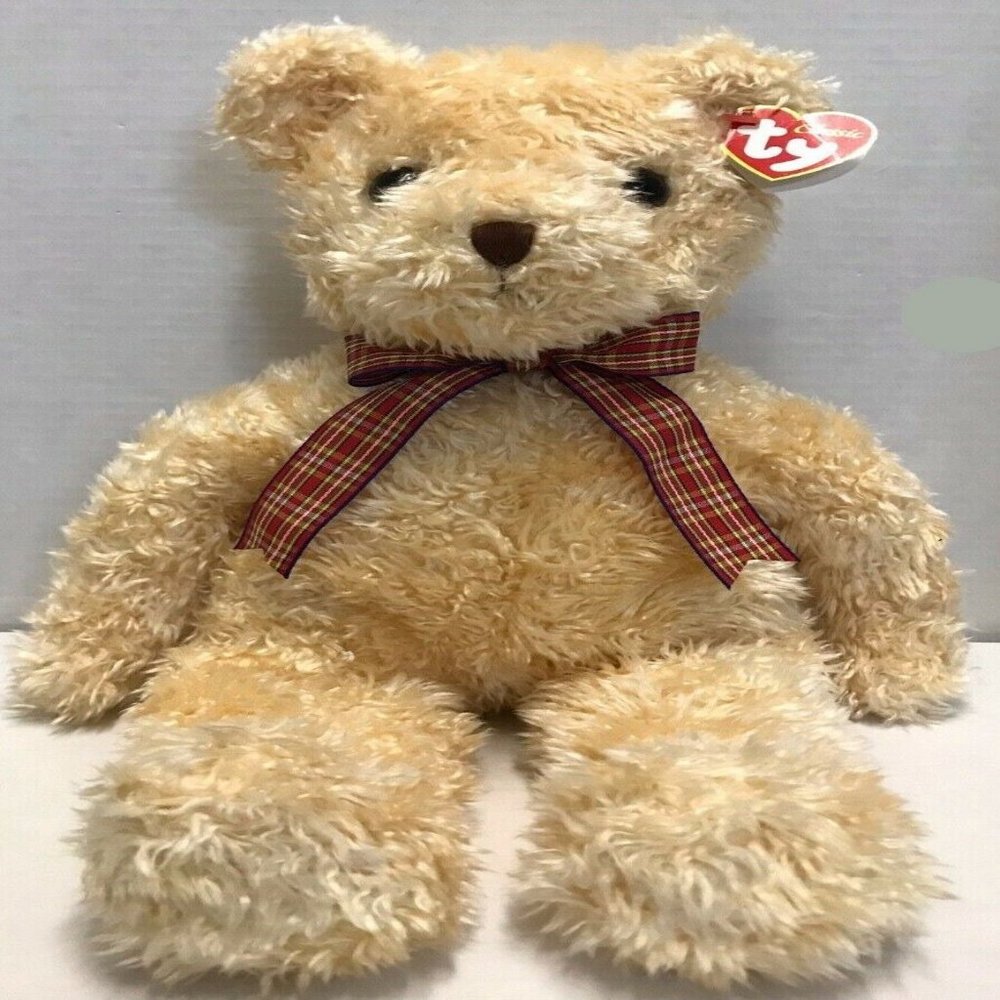 Ty Shaggington Teddy Bear 2001 Tan Red Bow Beanie Buddies Plush 16" Vintage